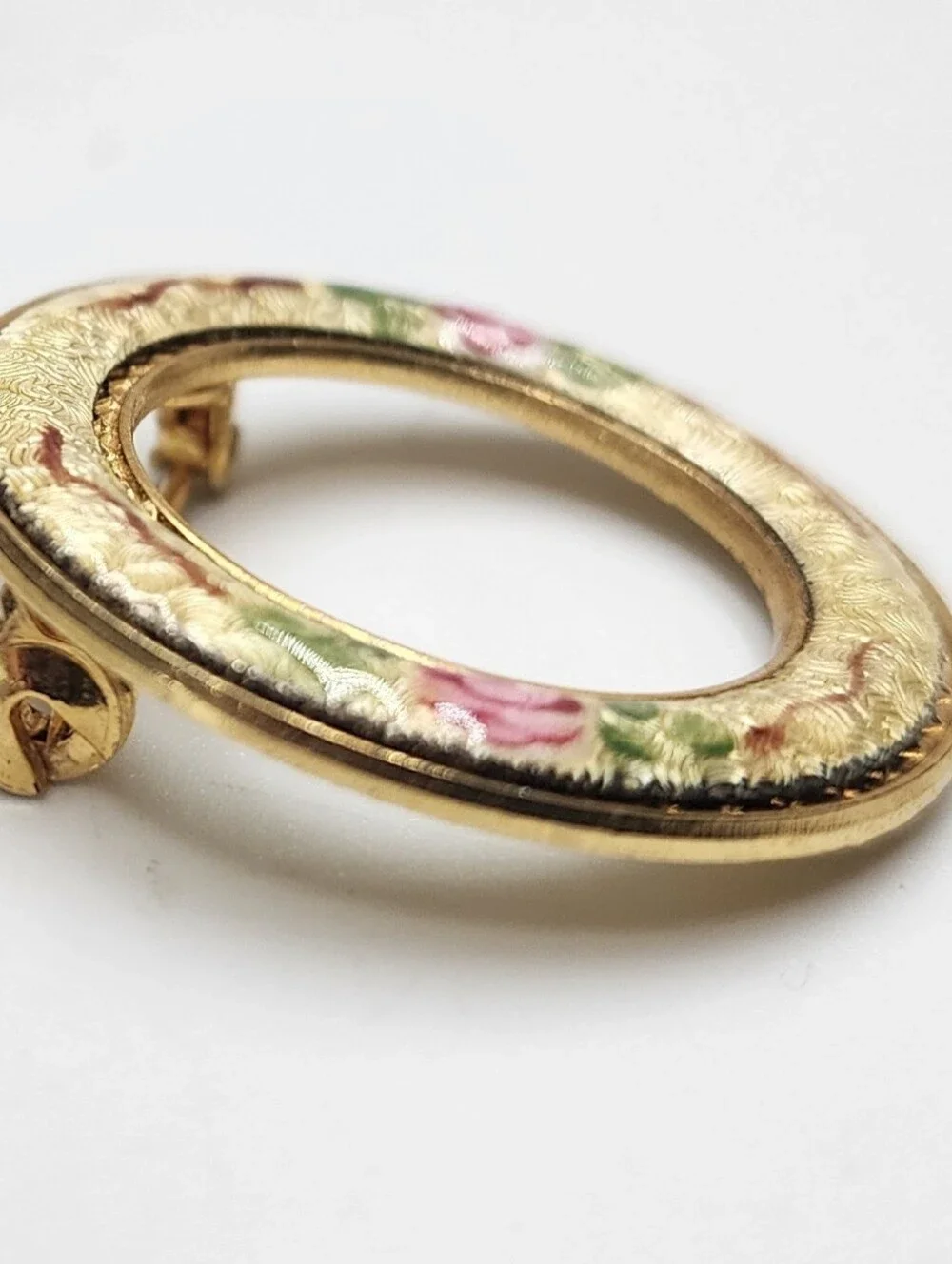 Vintage guilloche enamel circle floral brooch Gold Tone Pin VTG 1